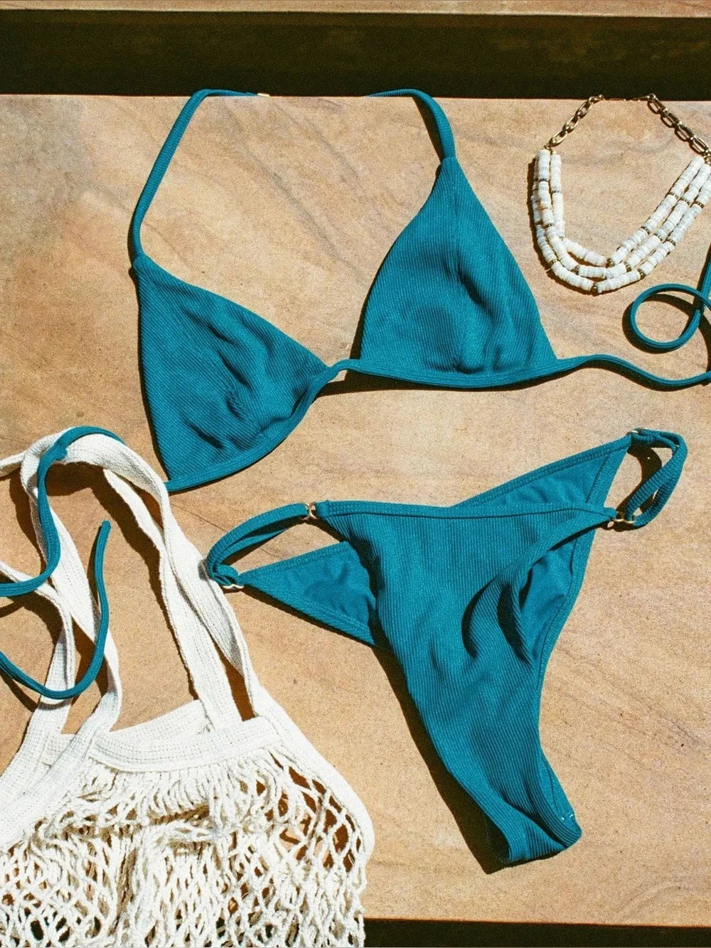 LSPACE Remi Bikini Bottom Bitsy Size L Teal Blue Ribbed Adjustable Swim Beach